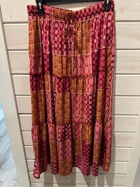Boho Patchwork Tiered Maxi Skirt - Pink & Burgundy